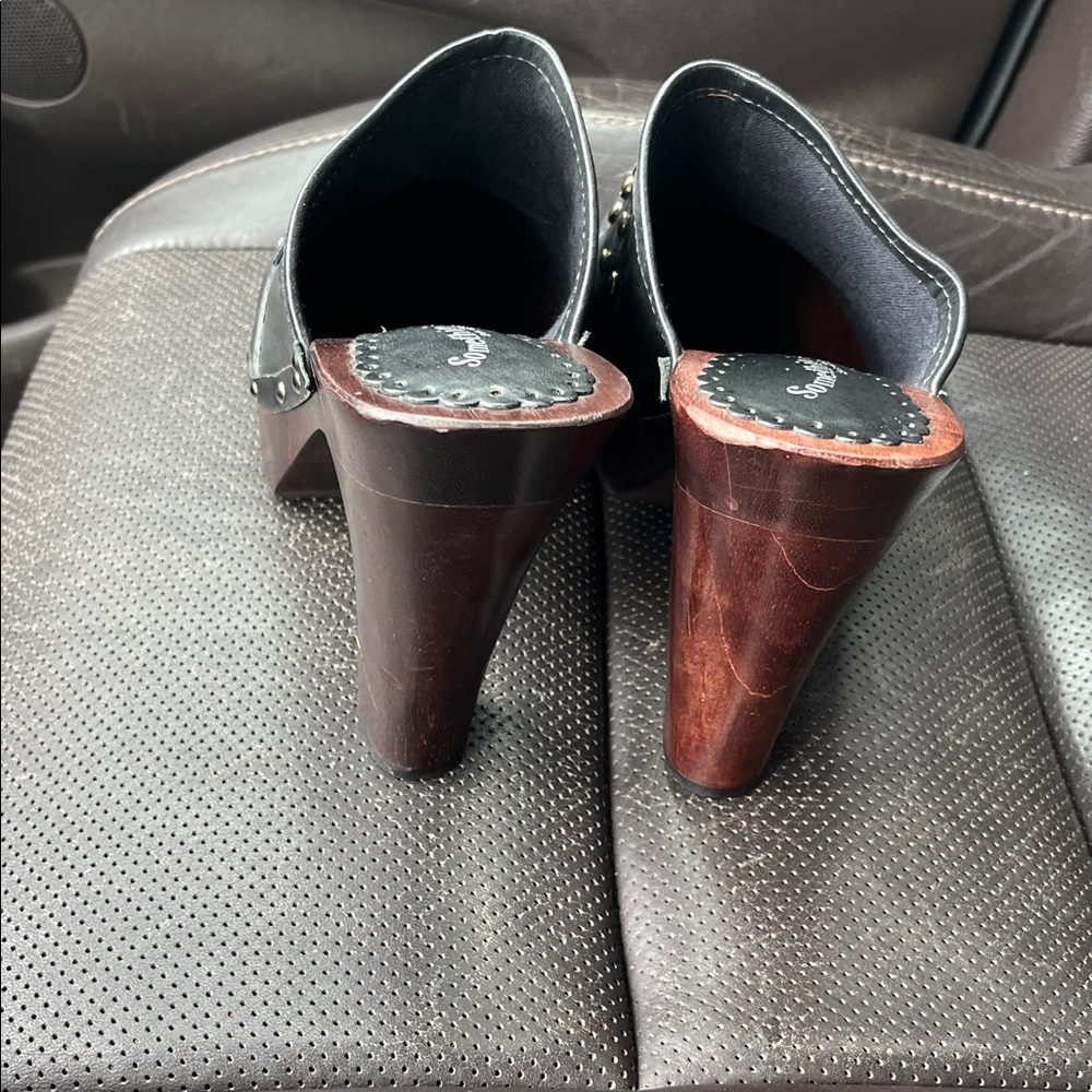 Skechers Black Leather Studded Slip-On Clogs with Red Accent Gems - Picture 6 of 11